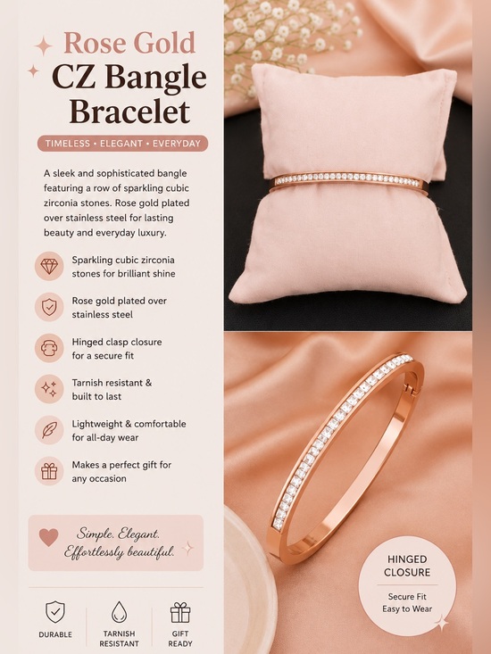 Unbranded Jewelry - Rose Gold Plated Stainless Steel CZ Bangle Bracelet Stackable Cuff New